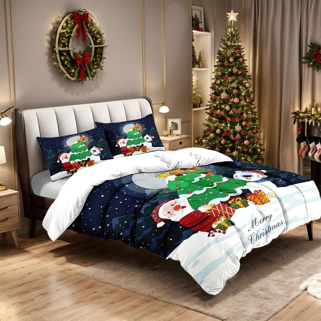 3pcs Cartoon Santa Claus Printed Chipless Quilt Set with Multiple Sizes Soft Bedroom and Dormitory Decoration Machine Washable