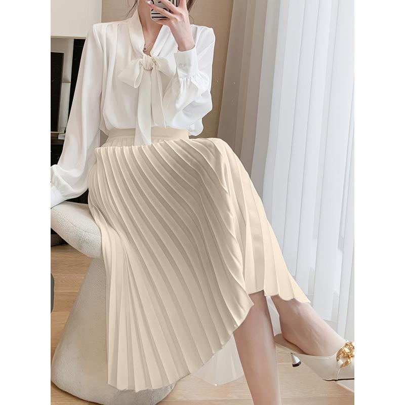 Women's Boho Satin Metallic Pleated Skirts Elastic High Waist Flowy A Line Skirt High Elastic Waist Pleated Chiffon Skirt Midi Swing A-line Skirts