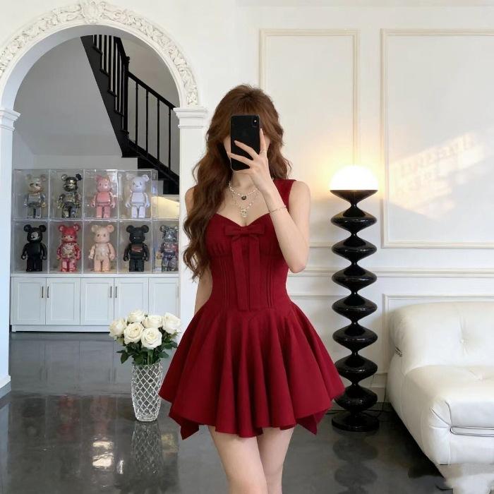 French Daughter Wind Sleeveless Vest Dress Women's Summer Red Waist Socialite Birthday Dress Princess Skirt