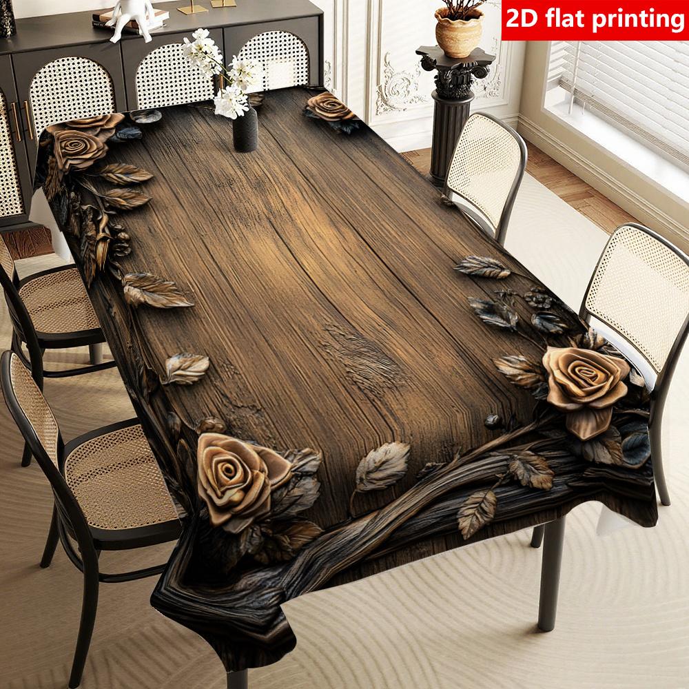 2D-Flachdruck, 1 Stück bedeckter rechteckiger Tischdecke, strapazierfähige Polyester-Tischdecke, mit floralen Verzierungen an den Rändern