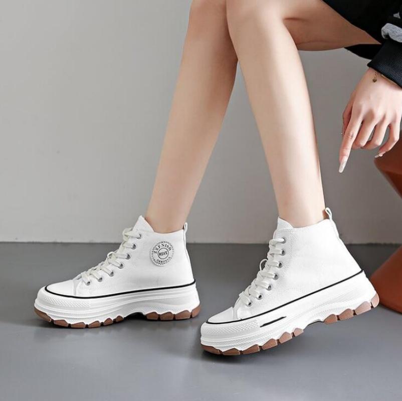 Women High Top Sneakers Lace-Up Casual Plarform Height Canvas Non-Slip Wear Resistant Spring Female Vulcanize Shoes