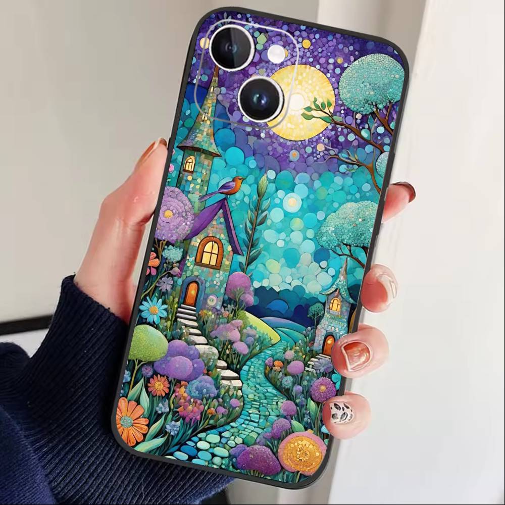 Whimsical landscape Starry Night Phone Case For iPhone17,16,15,14,13,12 Plus,Max Soft Silicone Black Cover