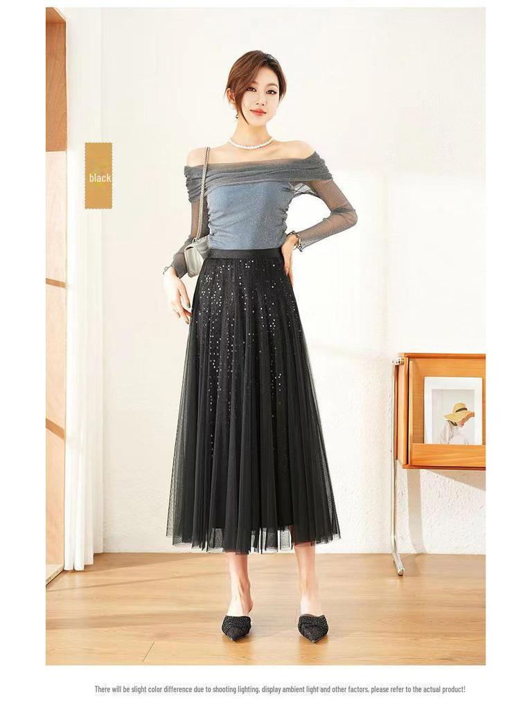 Trendy High-Waisted Sequin Mesh Midi Skirt for Spring/Summer