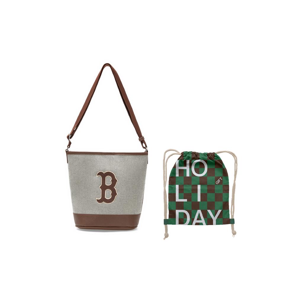 MLB Boston Red Sox Letter Logo Decorative Casual College Style Adjustable Shoulder Strap Canvas Bucket Bag Unisex Bags Brown Gray 3ABMS072N-43BRD
