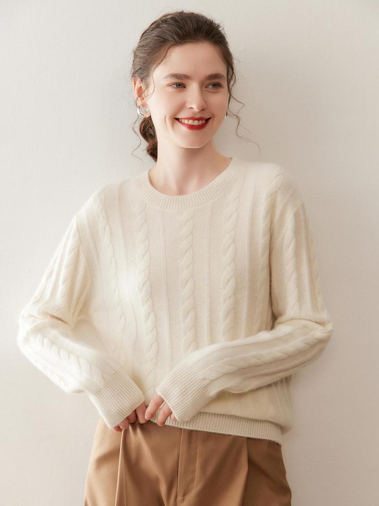 Women's Cashmere Sweater - Cable Knit, Slim Fit, Round Neck, Long Sleeve, Solid Color, Elegant Autumn/Winter Top