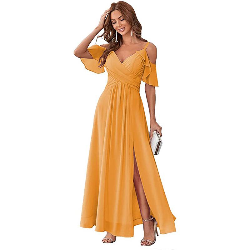 Cross-border Women's Clothing New Popular Holiday Dress Drawstring Sexy Dance Dress Shoulder Sleeve Banquet Host Evening Dress