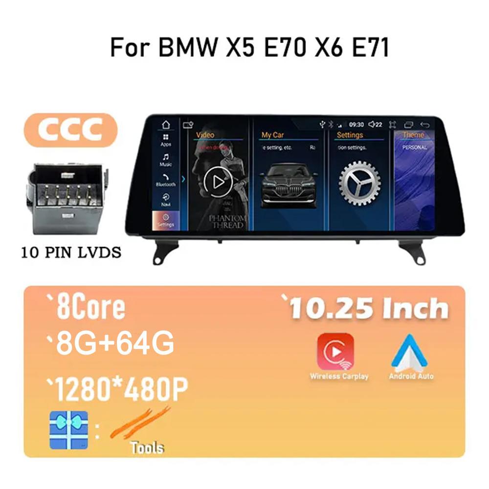 For BMW X5 E70 X6 E71 CCC / CIC System 10.25" IPS Screen Android 14 Car Video Player Multimedia Radio Stereo GPS Navigation