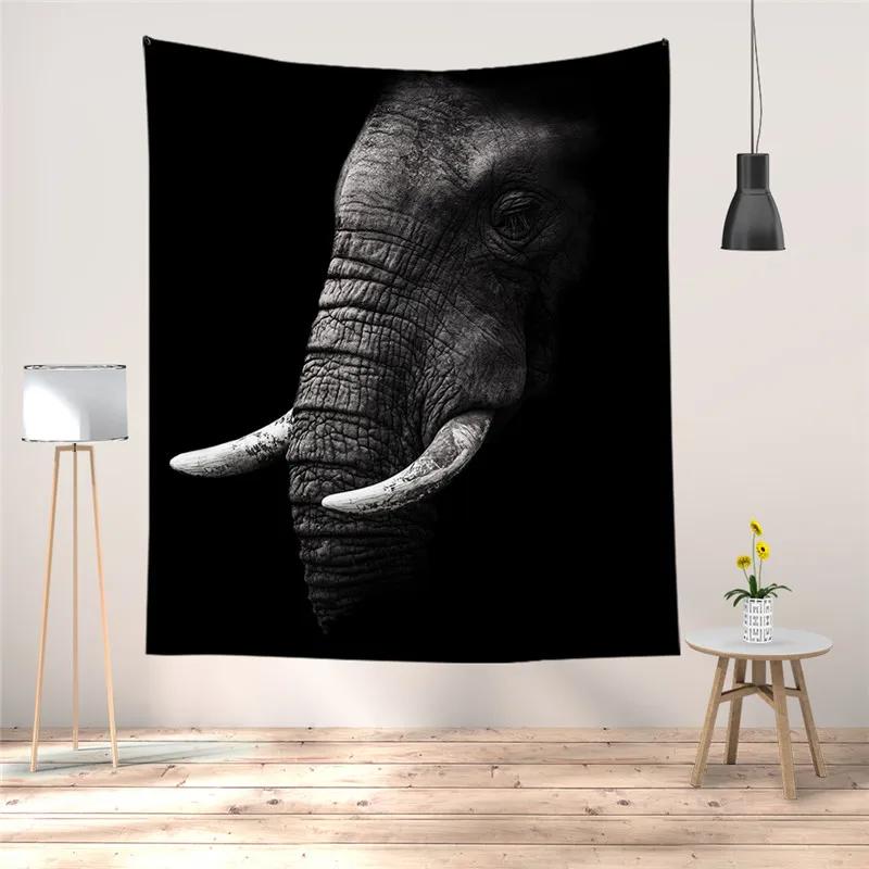 Black and White Elephant Print Pattern Tapestry Bohemian Style Wall Hanging Mandala Polyester Living Room Decoration Tapestry 74x94cm(29x37in)