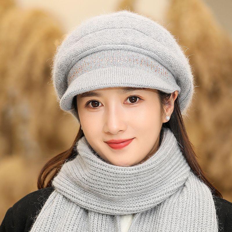 WTEMPO Cold-proof Windproof Warm Solid Color Ear Protection Elastic Hats Women's Autumn Winter Casual Verstaile Retro Elegant Hat + Scarf Set