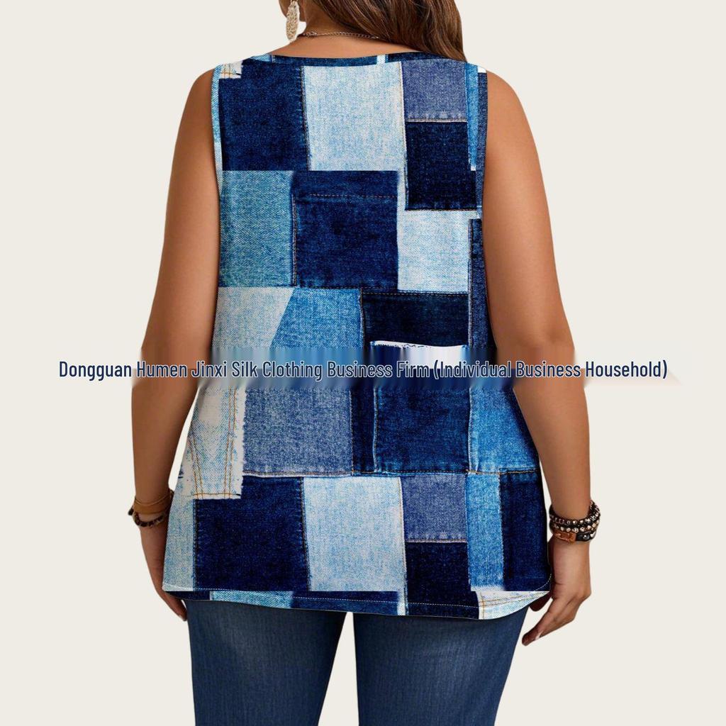 2025 Trendiges Ärmelloses Top mit Denim-Print für Damen in Übergröße - Europäische & Amerikanische Sommer Mode