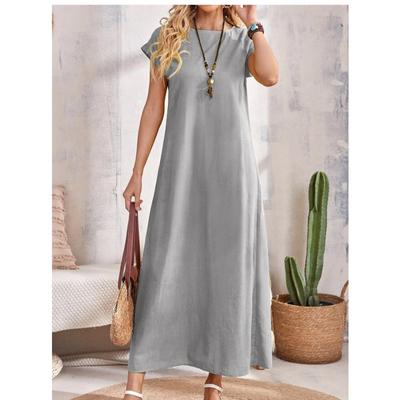 Summer Round Neck Short Sleeve Fashion Women Dress Loose Casual Solid Color Basic A-line Party Long Dresses Female Elegant Office Clothing