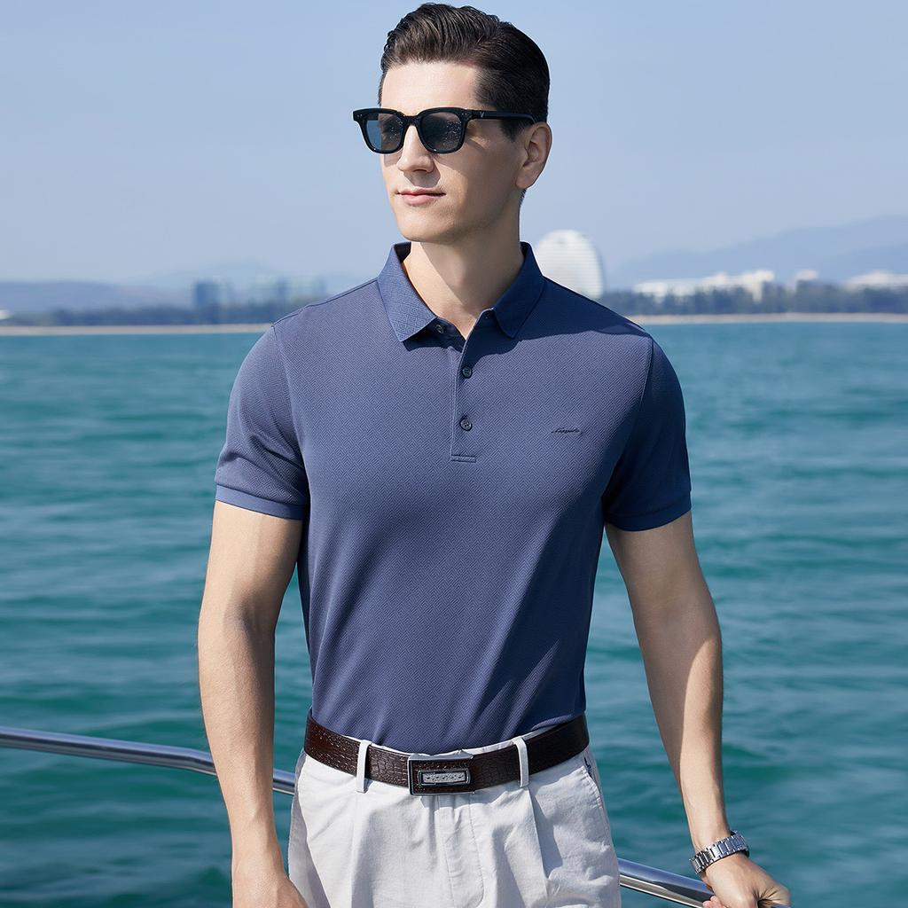 Men's Mulberry Silk Jacquard Knit Short-Sleeved Polo Shirt