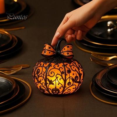 Halloweenowe Ozdoby Stołu 1/2 Szt. Lampa Dynia z Kokardą, Witrażowa Lampa Biurkowa, Jasny Straszny Jack-O-Lantern Dekoracja Nocna do Domu Biura Jesień