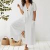 Women's V Neck Short Puff Sleeve Front Tie Pocket Loose Wide Leg Denim Jumpsuit