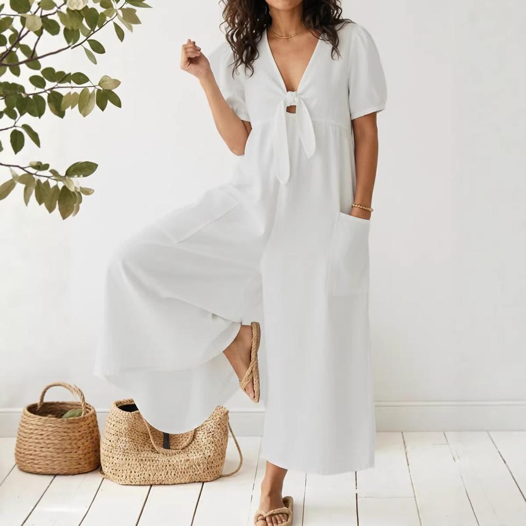 Women's V Neck Short Puff Sleeve Front Tie Pocket Loose Wide Leg Denim Jumpsuit