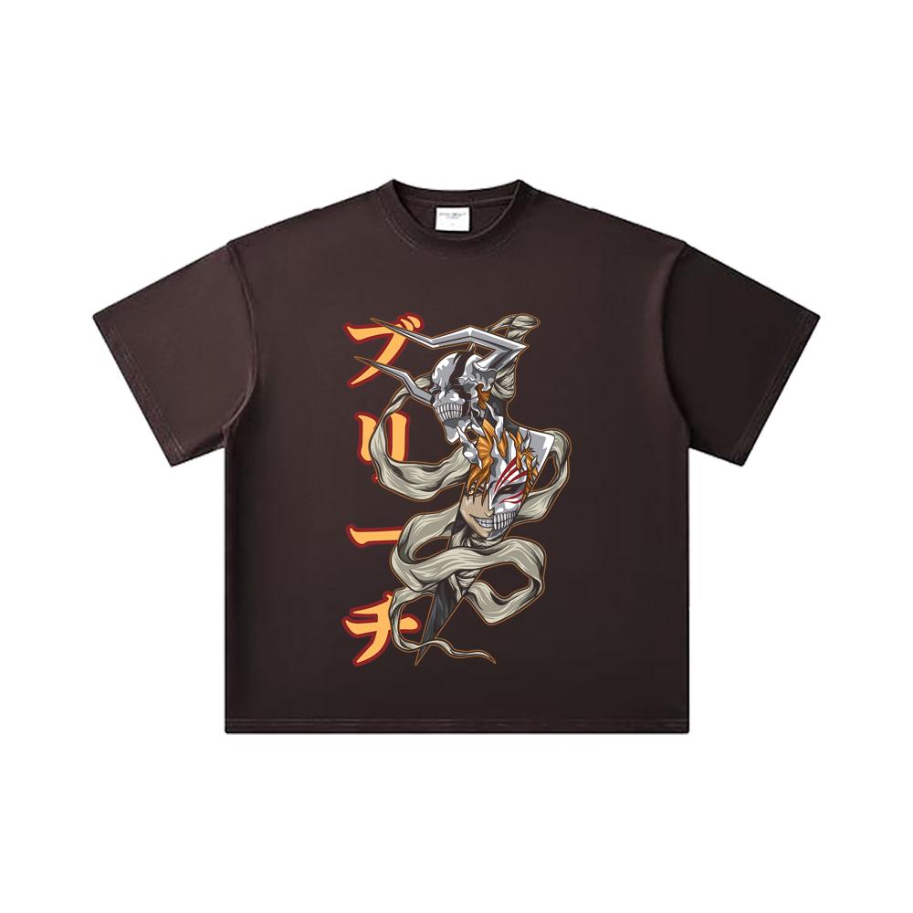 260 GSM Double Yarn 32 Count 100% Cotton Bleach V11 Zankpakuto Print Unisex Heavy Cotton T Shirt