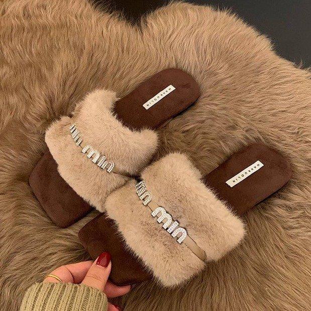 Flat shoes early autumn wear gentle pink fluffy shoes women's shoes 2025 new cotton towing rhinestone one-word towing fluffy towing