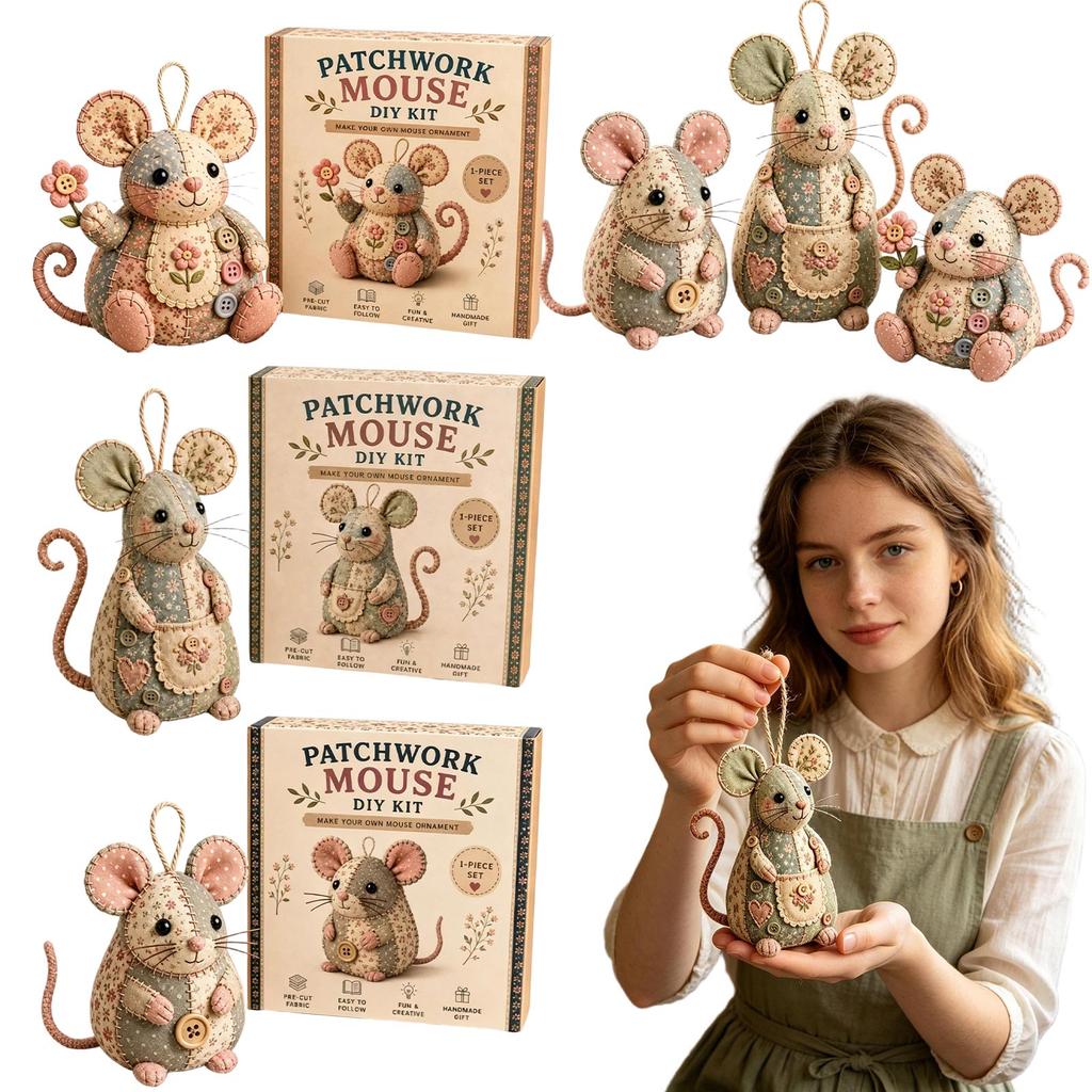Patchwork Mouse DIY Sewing Kit with PreCut Fabric Felt Accessories Instructions for Handmade Mouse Ornament Crafting