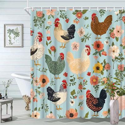 1 Stück Duschvorhang mit Tiermuster Buntes Design mit Blumen und Hühnern Bequeme Badezimmerdekoration