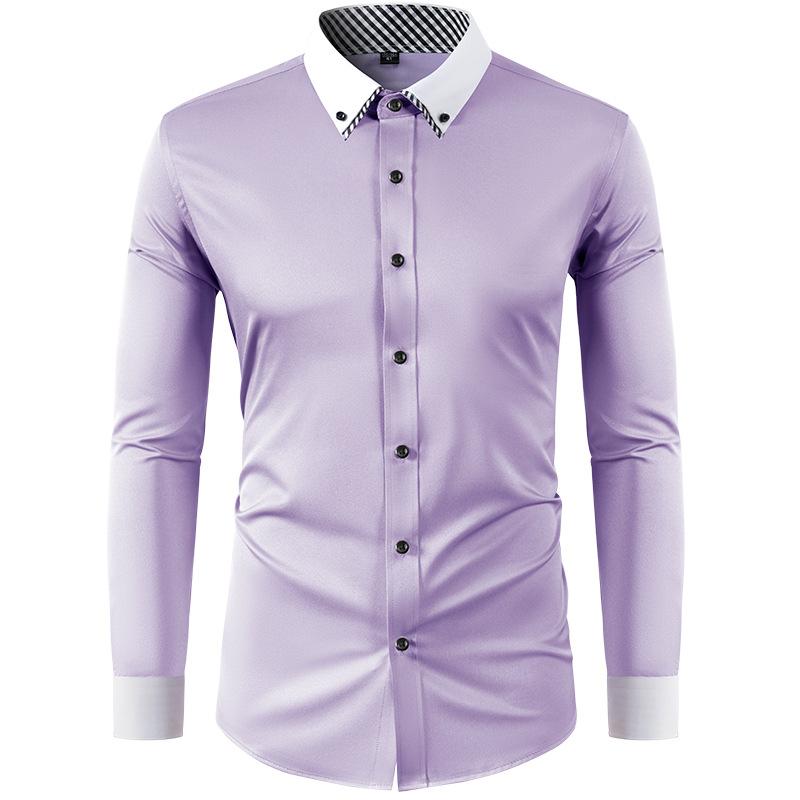 Men S Slim Fit Color Block Collar Long Sleeve Cotton Shirt