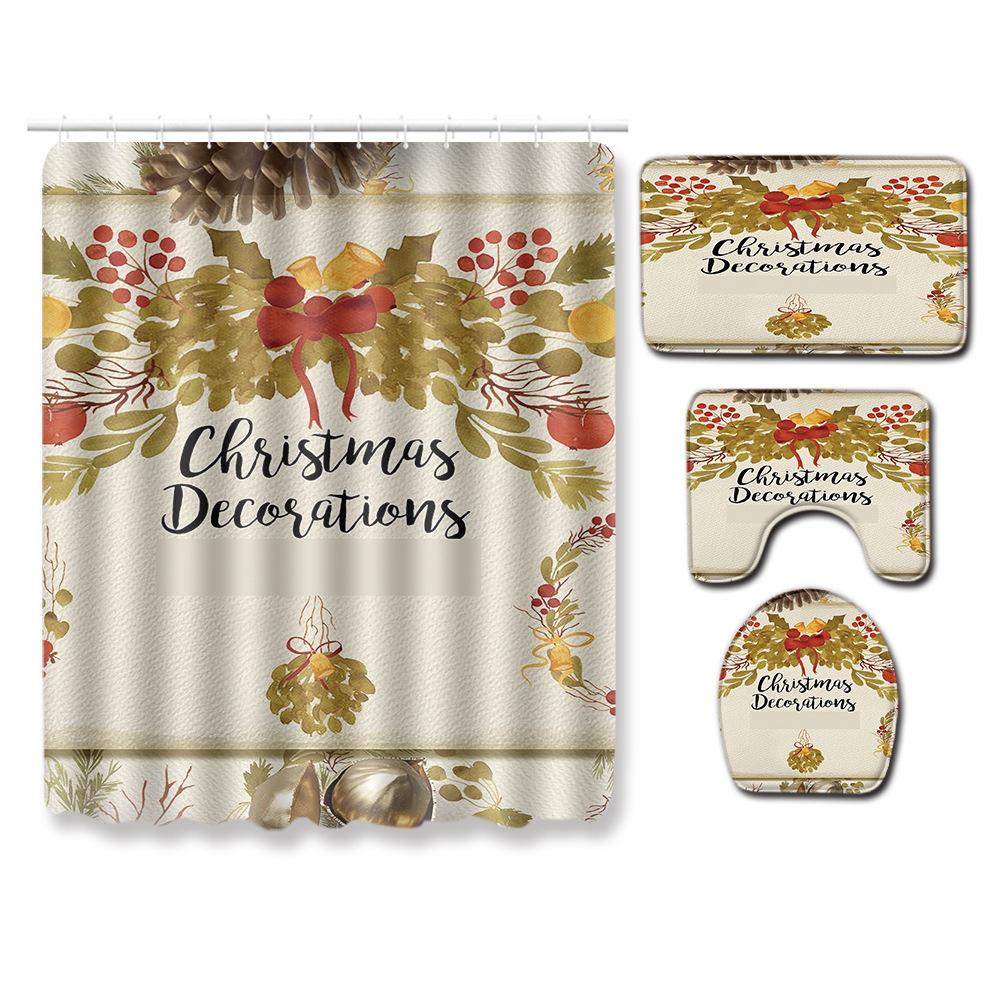 Christmas Shower Curtain Floor Mat Combination Four-Piece Set Bathroom Toilet Carpet Shower Room Mat Foot Mat