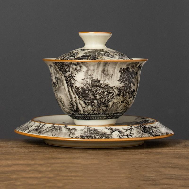 Juego de Gaiwan de Porcelana Paisaje Horno Ru de 170 ml para Taza de Té Tureen Vajilla Tazas Chinas Amarillas Cerámica Apertura Cuencos de Té Ceremonia del Té