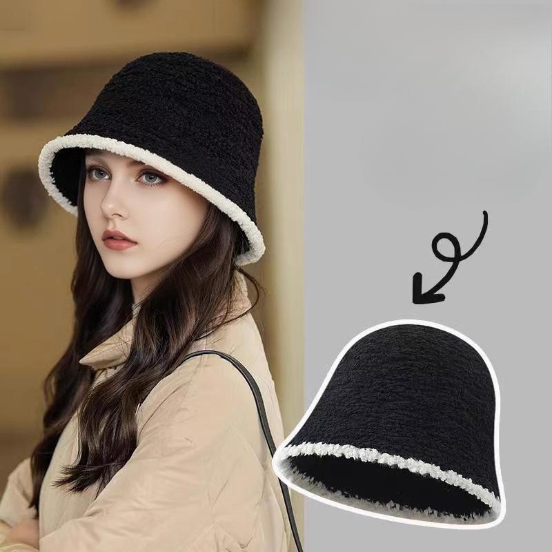 Korean Version of Autumn and Winter New Women's Outdoor Warm and Fashionable Small Basin Hat Casual Travel Color Blocking Bucket Hat