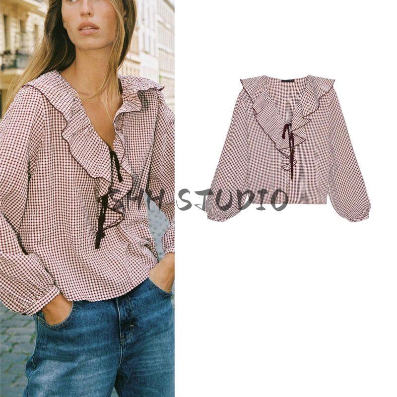 Autumn New Women's Clothing French Simplicity Long Sleeves V-neck Lace-up Small Plaid Laminated Decoration Shirt 5029181