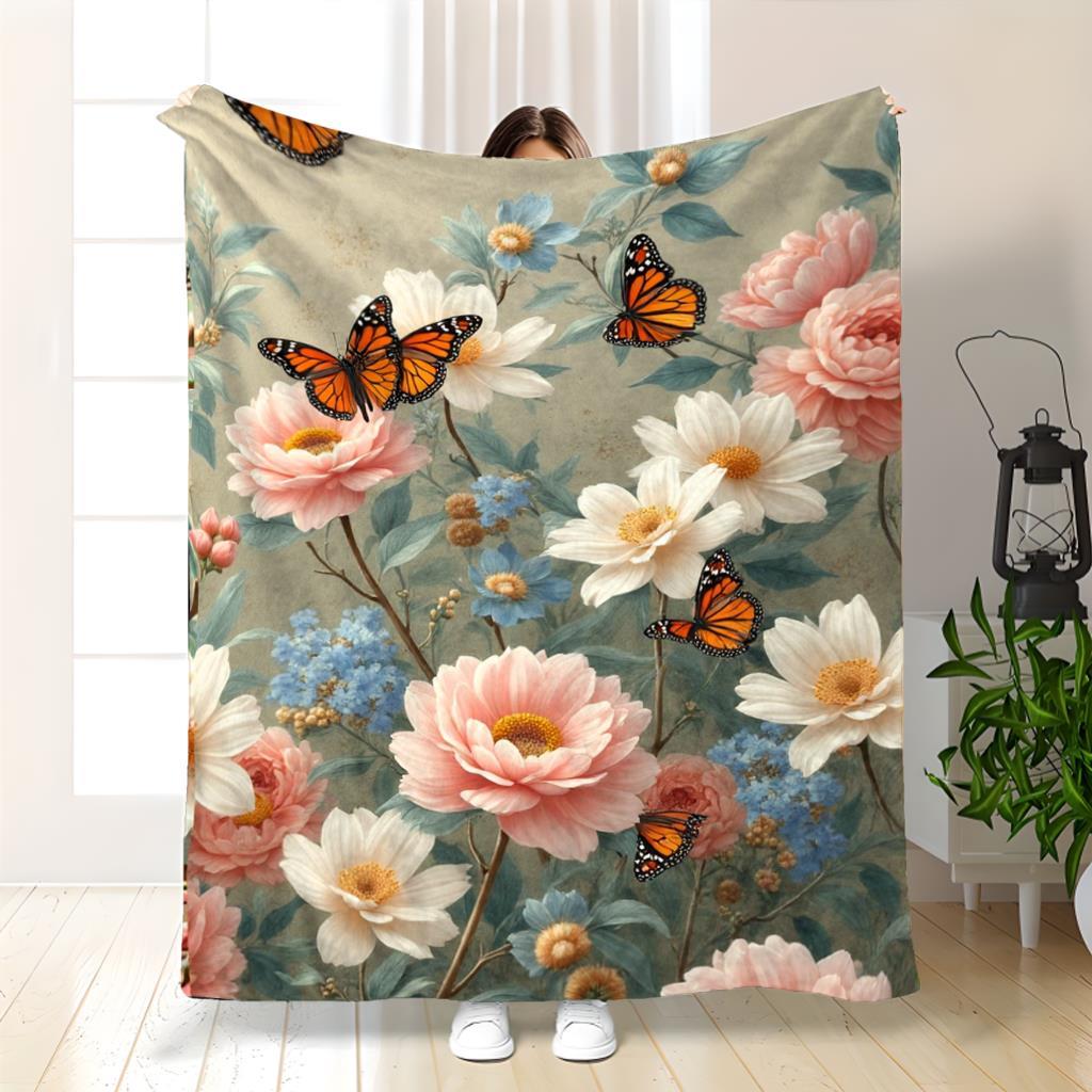 Floral Butterfly Blanket Vintage Peony And Daisy With Monarch Butterflies Soft Fleece Throw Cozy Home Decor Gift For Women