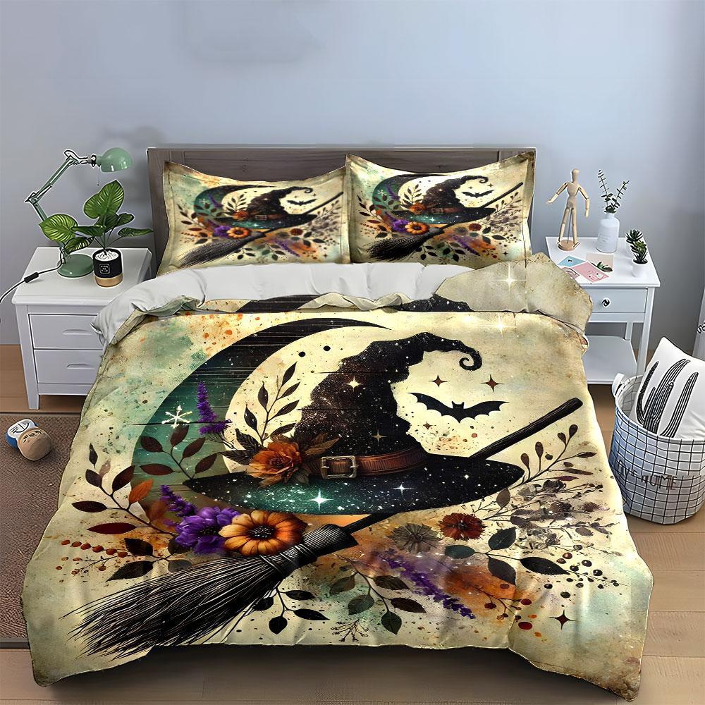 Witch'S Magical Hat, Moon, And Broom Exquisite Three-Piece Bedding Set Gift For Kids And Adults