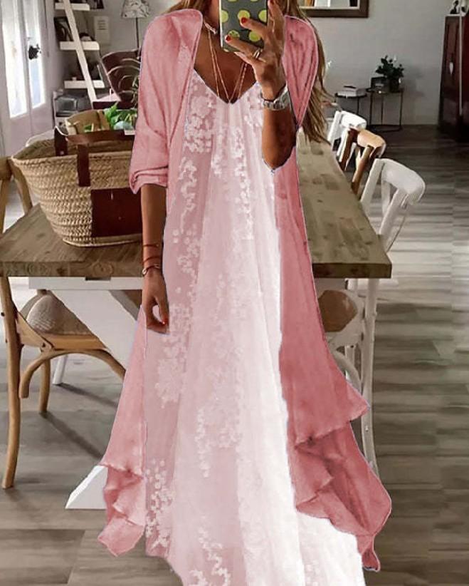 Women's Teal Lace Maxi Dress with Matching Cardigan for Casual Wear