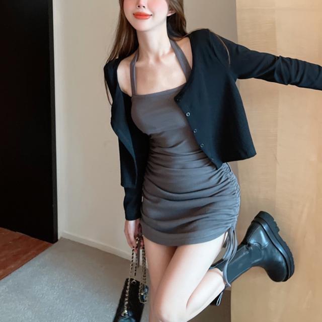 Spring and Autumn New Internet Celebrity Pure Desire Jacket Drawstring Hanging Neck Suspender Dress Slim + Short Skirt Thin Short Versatile