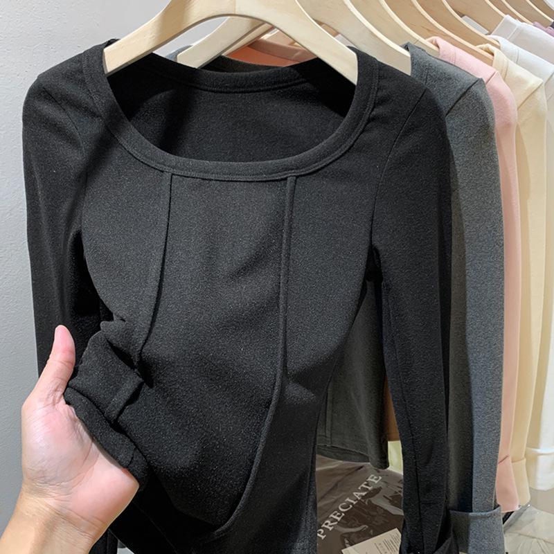 Long-sleeved T-shirt Women's Autumn and Winter New Inner Short Bottoming Shirt Spice Girl Slim-fitting and Thin Student Top