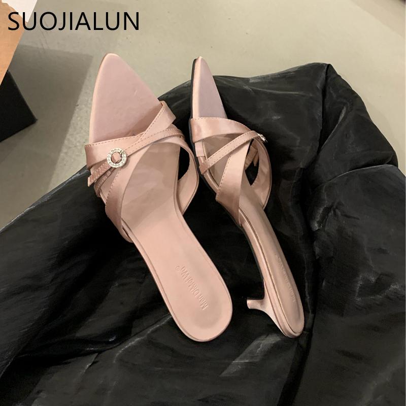 Fashion SUOJIALUN 2025 Summer New Women Slipper Fashion Pointed Toe Open Toe Ladies Elegant Slides Thin Low Heel Outdoor Dress Sandal