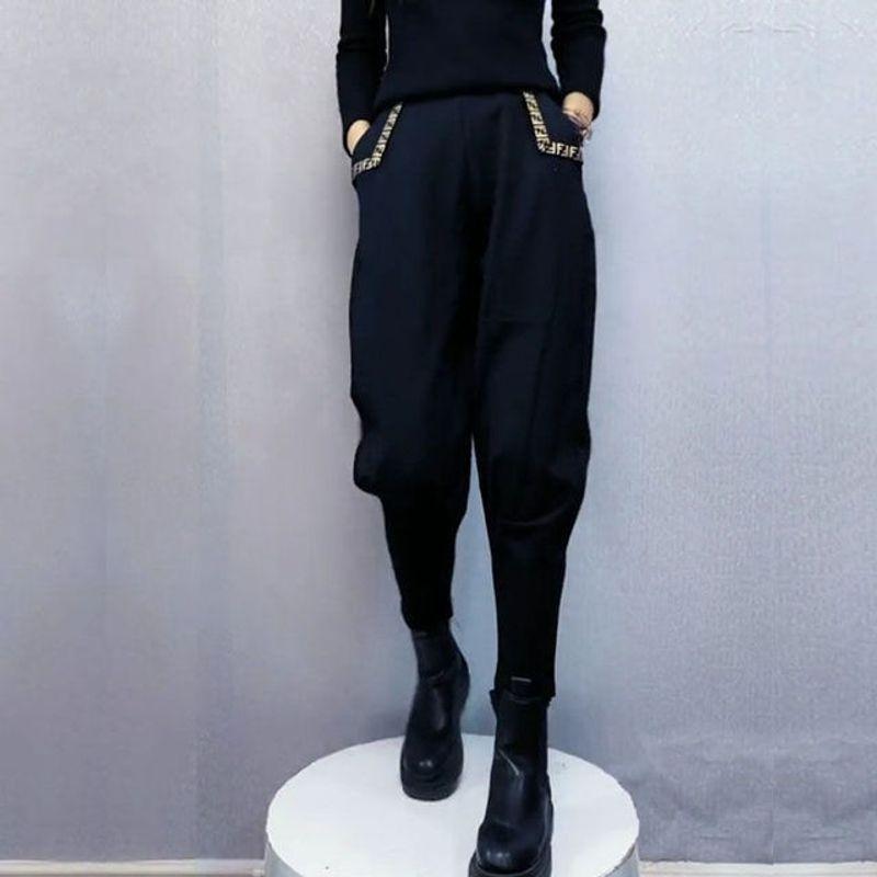 

High Waist Loose Leggings Overalls High Waist Loose Tappered Work Clothes Bloomers Black XXXL