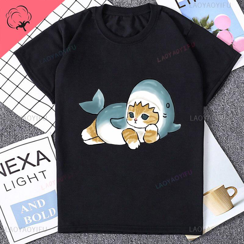 Harajuku Kawaii Kočka Žralok Potisk Roztomilé Kreslené Bavlněné Tričko Módní Streetwear Krátký Rukáv Dámské Tričko Vtipná Grafika Pánská Trička