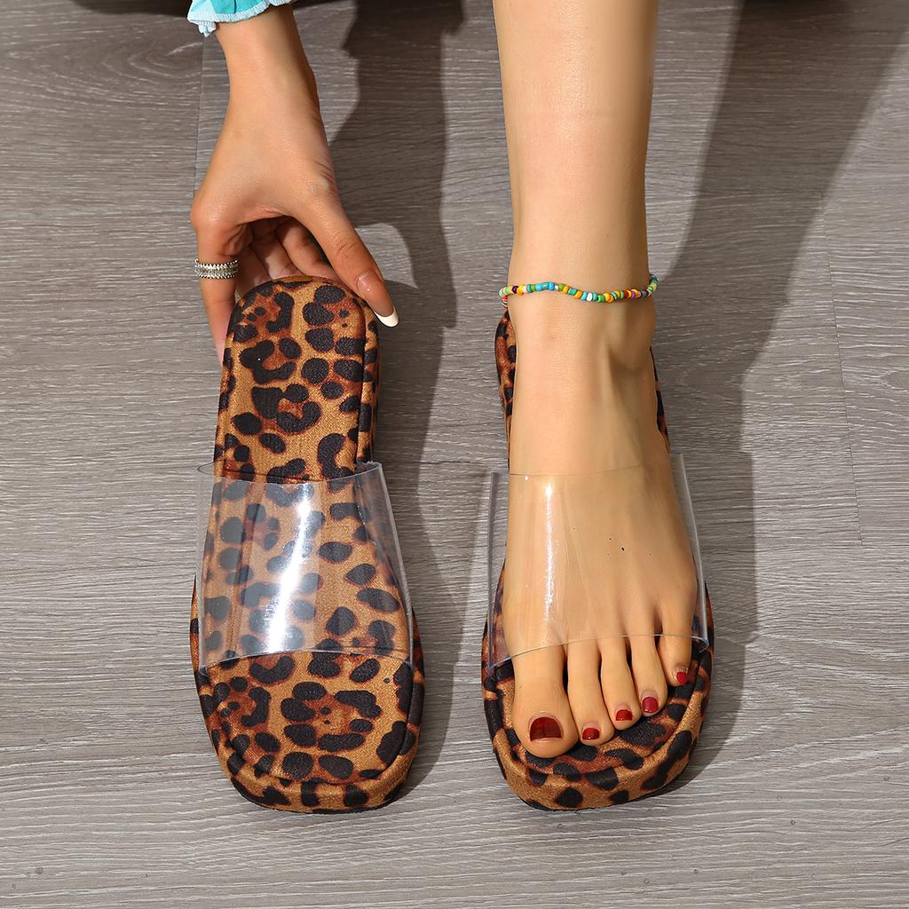 Fashion Leopard Print Flip Slippers Summer New Round Toe Open Toe Transparent Band Platform Non-slip Wear-resistant Pumps