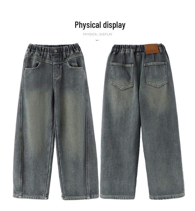 Girls' 2025 Korean Style Fleece-Lined Loose Wide-Leg Winter Jeans for Middle and Big Children