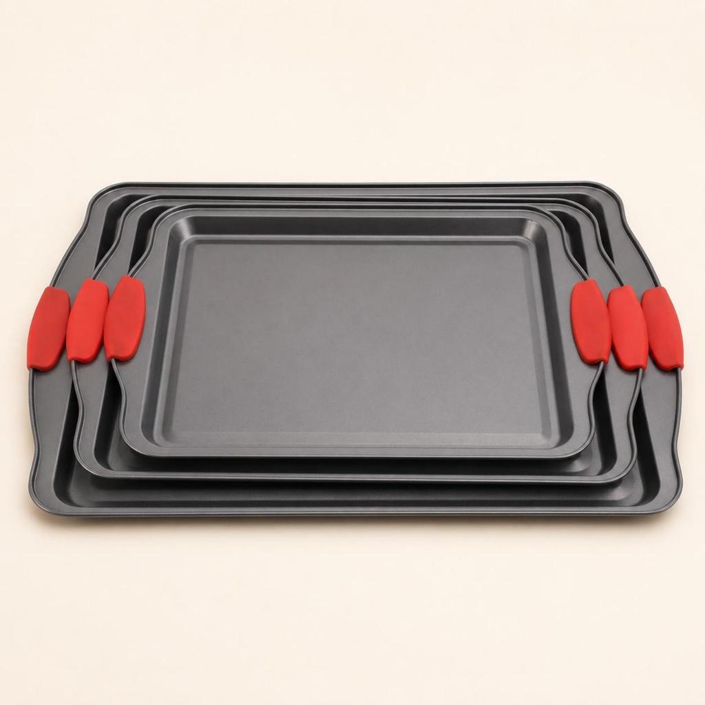 3 Pieces Rectangular Cooking Tray Red Silicone Handles Nonstick Thickened Carbon Steel