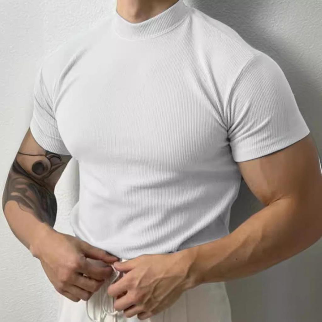 Europejski Męski T-Shirt Slim Fit z Wysokim Kołnierzem i Krótkim Rękawem, Letnia Elastyczność, Nowy Okrągły Dekolt