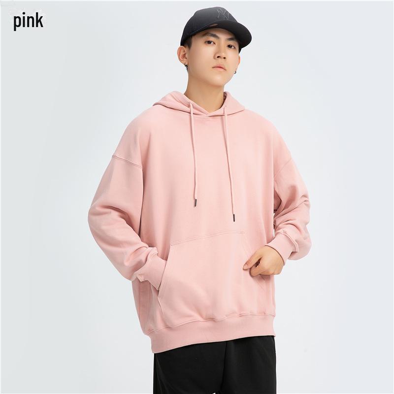 Men's Trendy Oversized Terry Hoodie - Solid Color, Drop Shoulder, Hong Kong Style Logo.