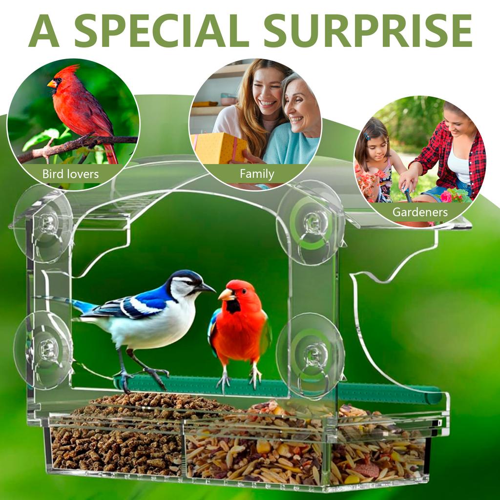 Fenster-Vogelfutterhaus Acryl Klar Vogelhaus mit 4 Saugnäpfen Großes Fassungsvermögen Outdoor-Vogelfutterhäuser Transparenter Futterspender