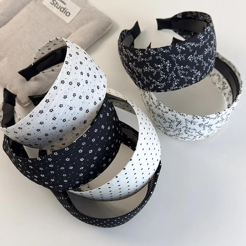 Retro Black White Polka Dots Small Flower Wide Edge Headbands Woman Temperament Hair Band Female Party Hair Hoop Vogue Headdress
