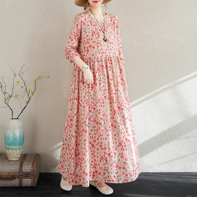 Early Spring Floral Vacation Style Travel Round Neck Retro Long Dress for Women Long Sleeved Vintage Dresses