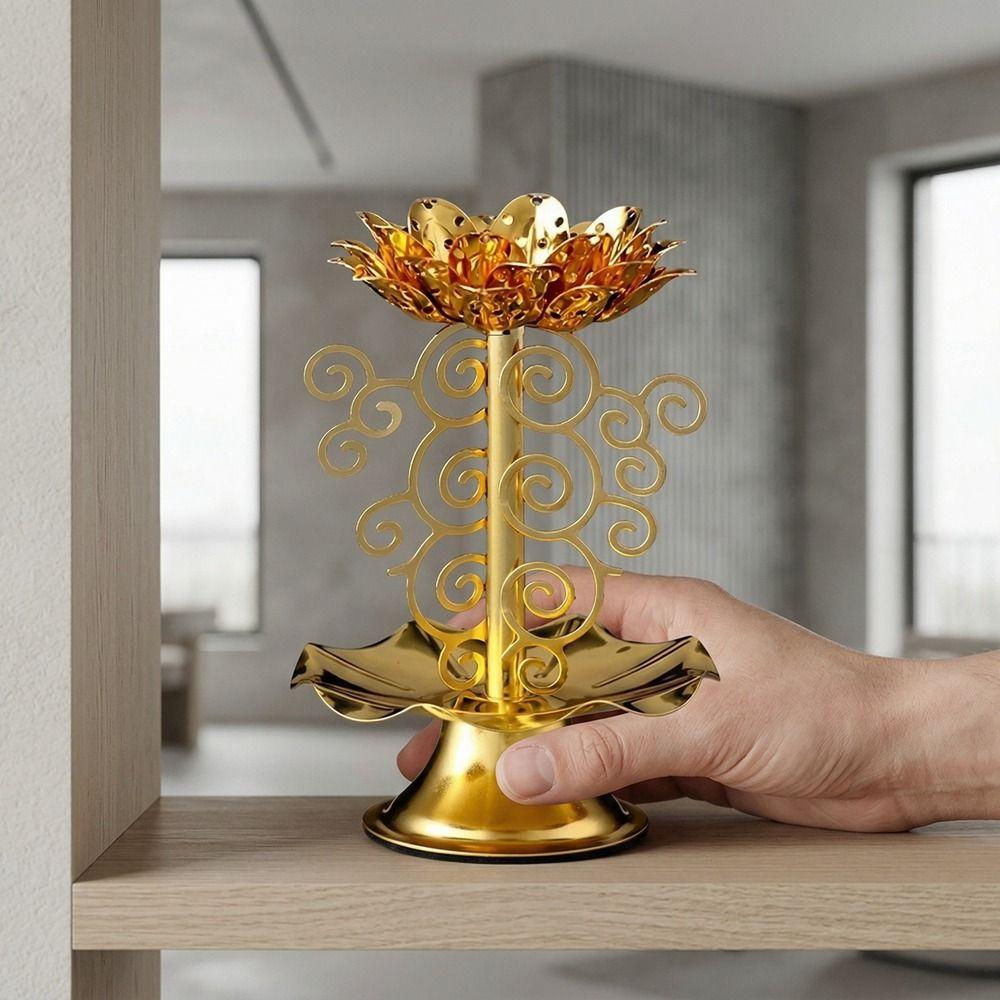 Zinc Zinc Alloy Lotus Candlestick Exquisite Gold Candle Holder Butter Lamp Holder  Table Centerpiece