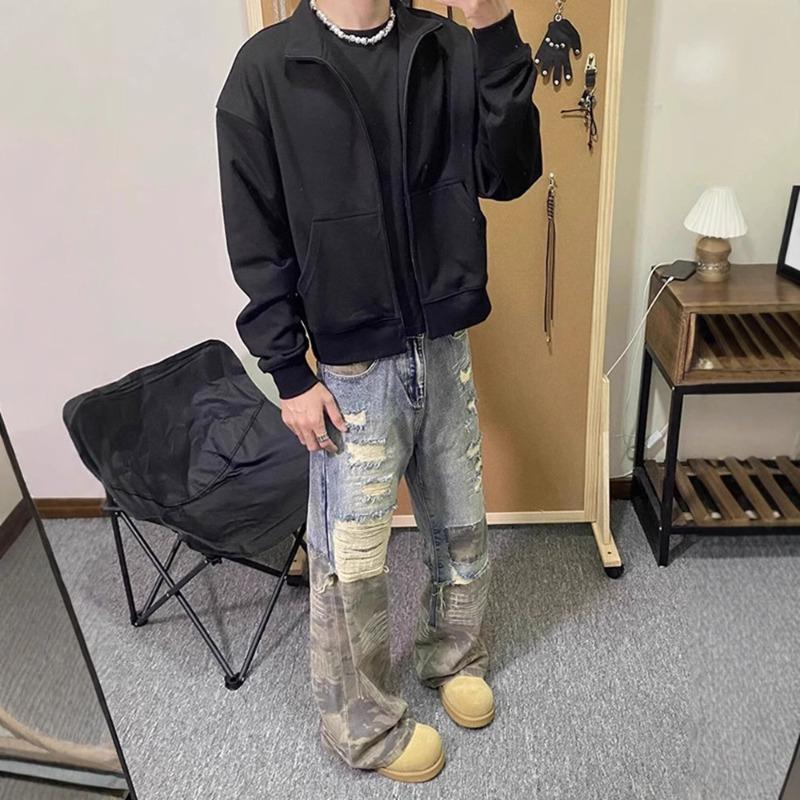 American Retro Fake Two-piece Pants Design Sense Premium Camouflage Splicing Jeans Men's Cleanfit Straight Pants