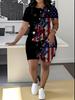 1116 new casual sports style digital printing shoulder sleeve T-shirt high waist tight shorts fashion suit women