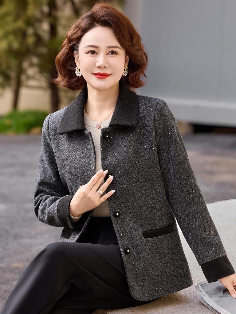 Mom's Spring Woolen Lapel Suit: Stylish Small Fragrance Outerwear for Mid-aged & Elderly Women - Perfect for Spring & Autumn