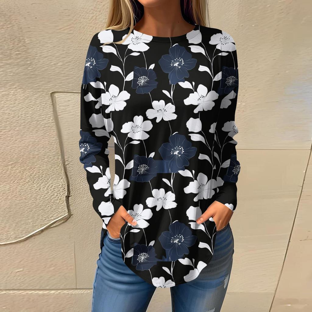 Women's  Loose Casual Flower Printed Round Neck Long Sleeved T Shirt Top Pullover Long Sleeved Sweatshirt