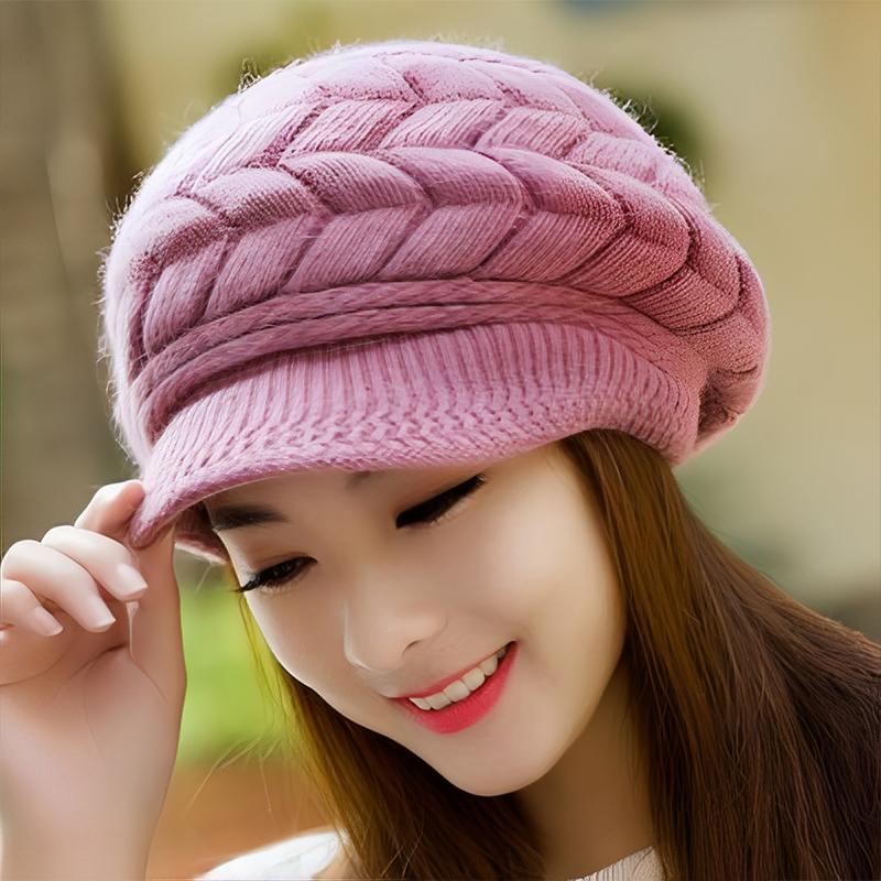 Women'S Autumn/Winter Knitted Hat With Fleece Lining Stylish And Versatile Beret Outdoor Warm Hat